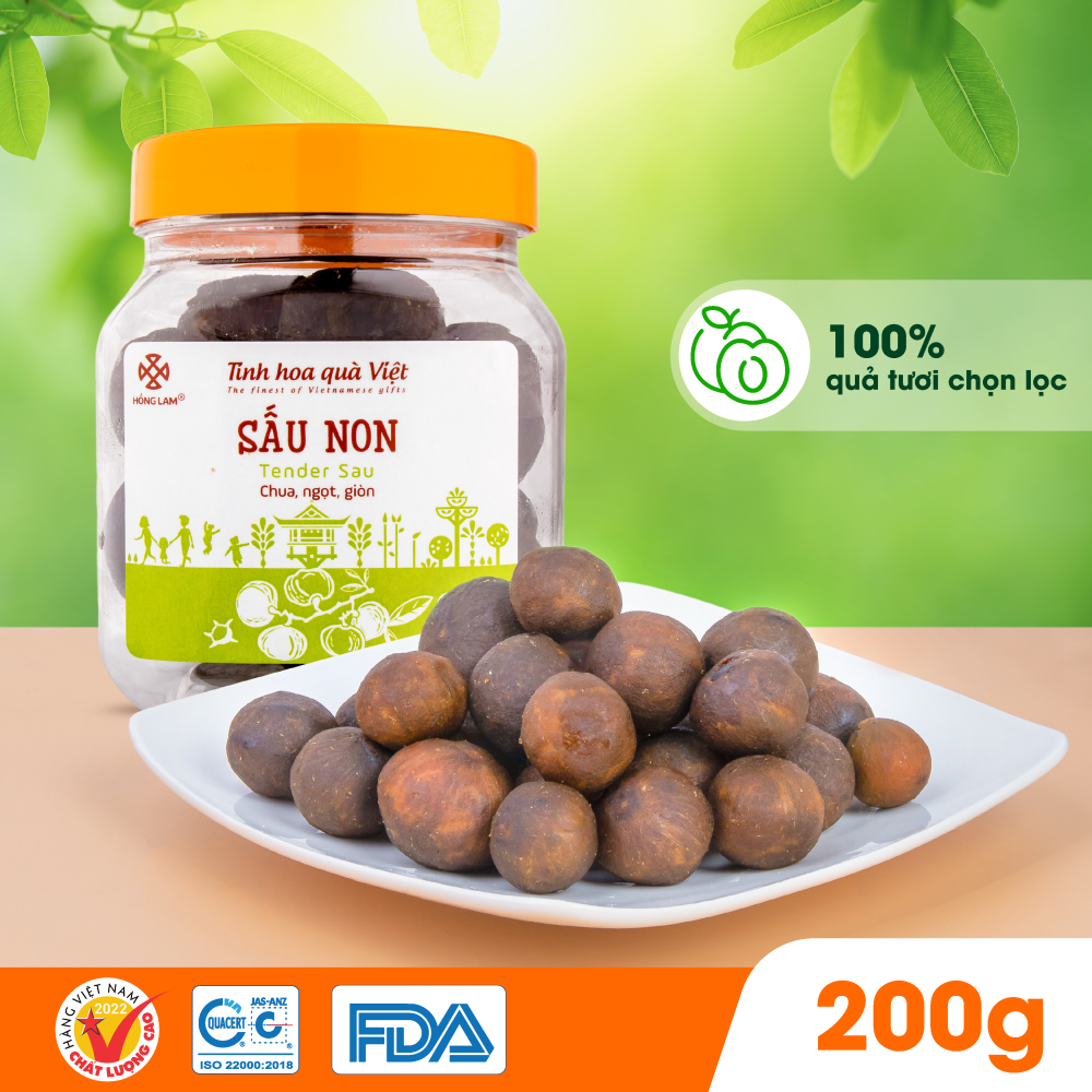 Ô mai (xí muội) sấu non Hồng Lam, gói (200gr, 300gr, 500gr), túi zip (100gr). Có vị chua, ngọt, giòn hộp