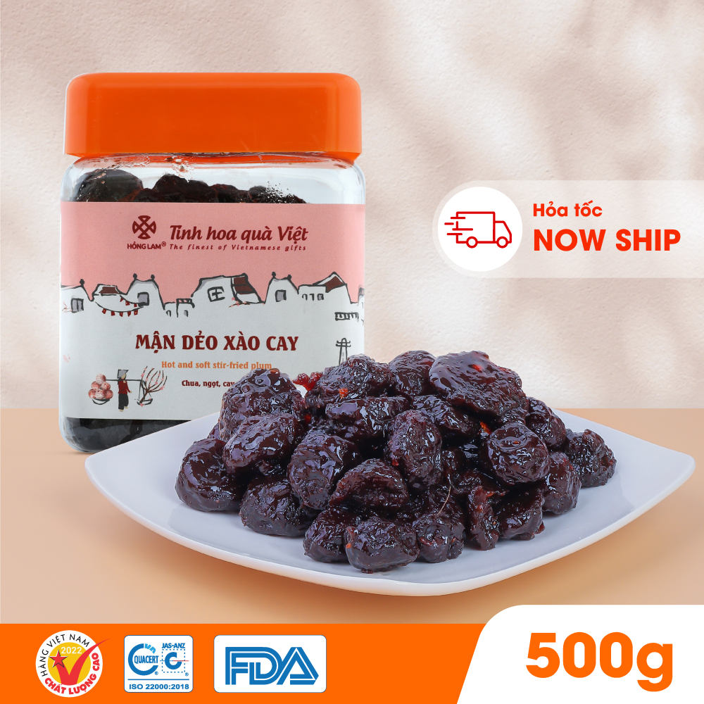 Ô mai (xí muội) mận dẻo xào cay Hồng Lam, dạng hộp (200gr, 300gr, 500gr). Hương vị chua, ngọt, dẻo cay