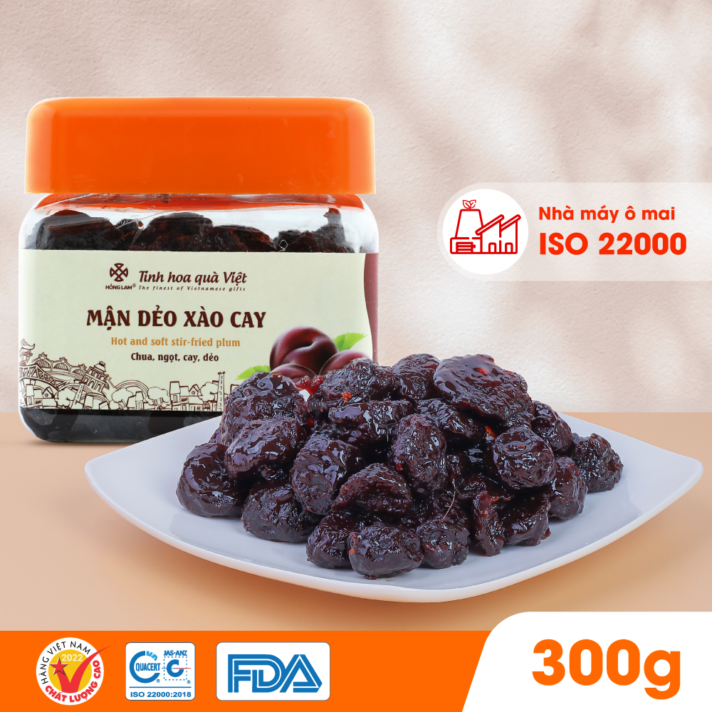 Ô mai (xí muội) mận dẻo xào cay Hồng Lam, dạng hộp (200gr, 300gr, 500gr). Hương vị chua, ngọt, dẻo cay