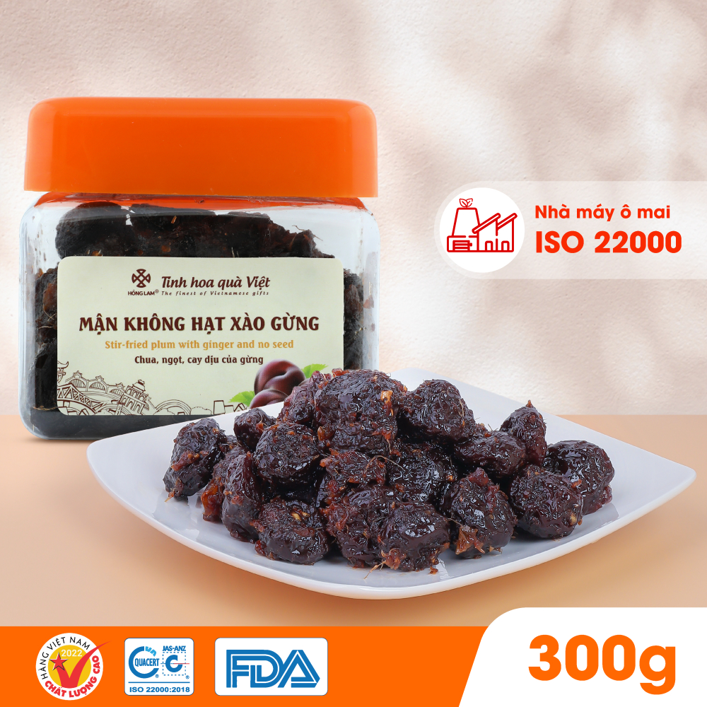 Ô mai (xí muội) mận không hạt xào gừng Hồng Lam, dạng hộp (200gr, 300gr, 500gr). Có vị chua, ngọt