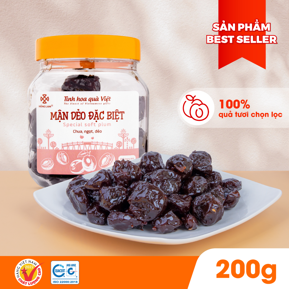 Ô mai (xí muội) mận dẻo đặc biệt Hồng Lam, dạng hộp (200gr, 300gr, 500gr), túi zip (100gr). Có vị chua, ngọt dẻo