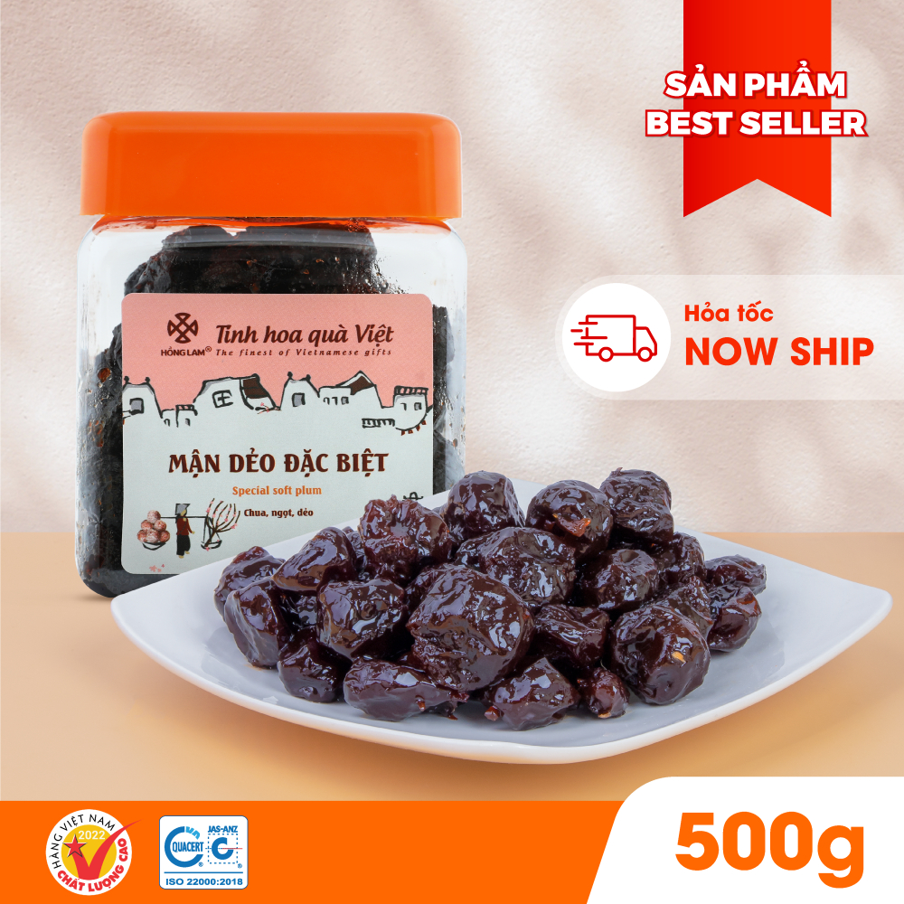 Ô mai (xí muội) mận dẻo đặc biệt Hồng Lam, dạng hộp (200gr, 300gr, 500gr), túi zip (100gr). Có vị chua, ngọt dẻo