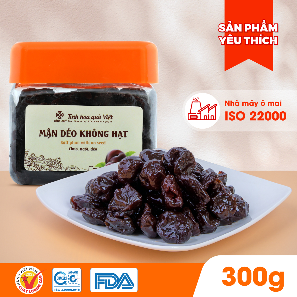 Ô mai (xí muội) mận dẻo không hạt Hồng Lam hộp (200gr, 300gr, 500gr). Có vị chua, ngọt, dẻo