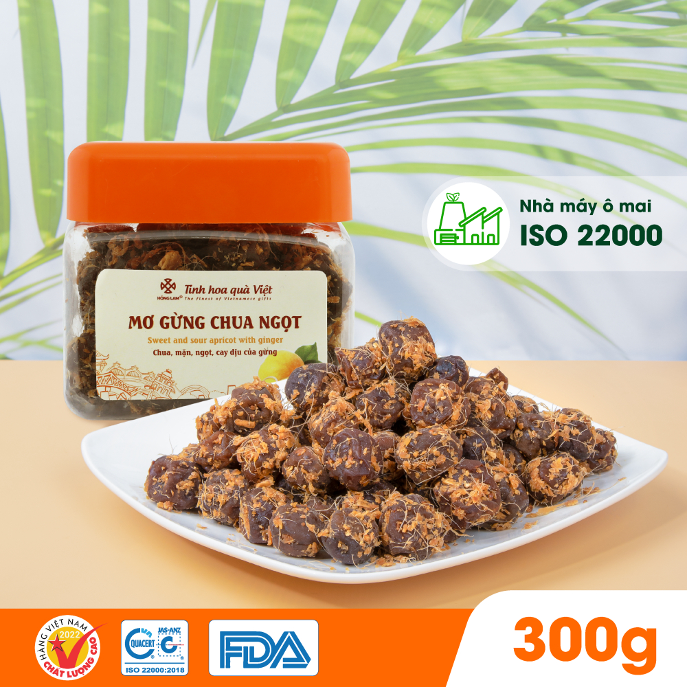 Ô mai (xí muội) mơ gừng chua ngọt Hồng Lam, dạng hộp (200gr, 300gr, 500gr). Có vị chua, ngọt của gừng