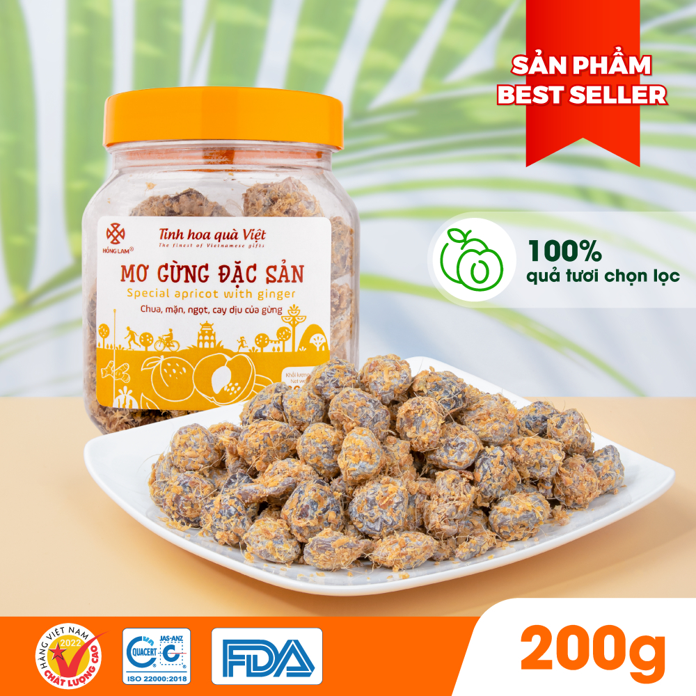 Ô mai  mơ gừng đặc sản Hồng Lam. Dạng hộp , gói . Hương vị chua, mặn, ngọt