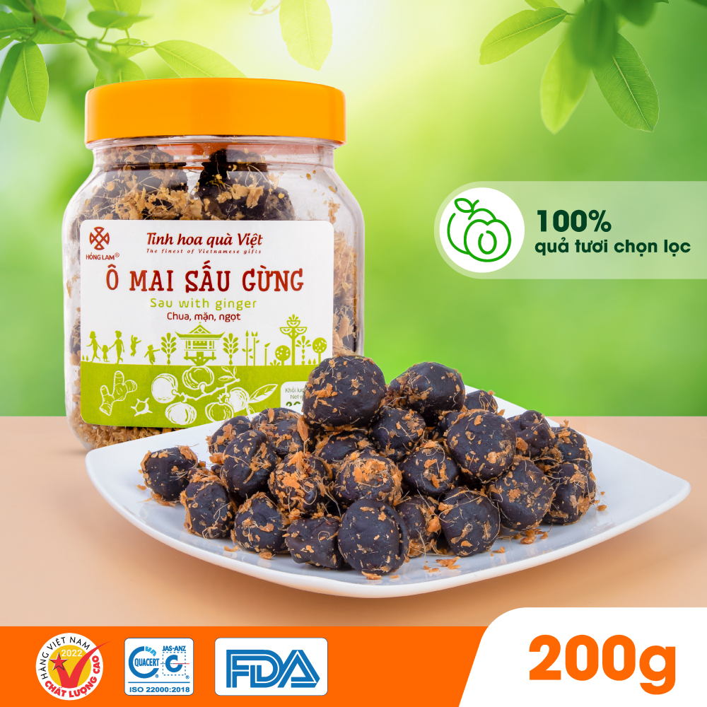 Ô mai (xí muội) sấu gừng Hồng Lam, dạng hộp (200gr, 300gr, 500gr). Có vị chua, mặn, ngọt của gừng