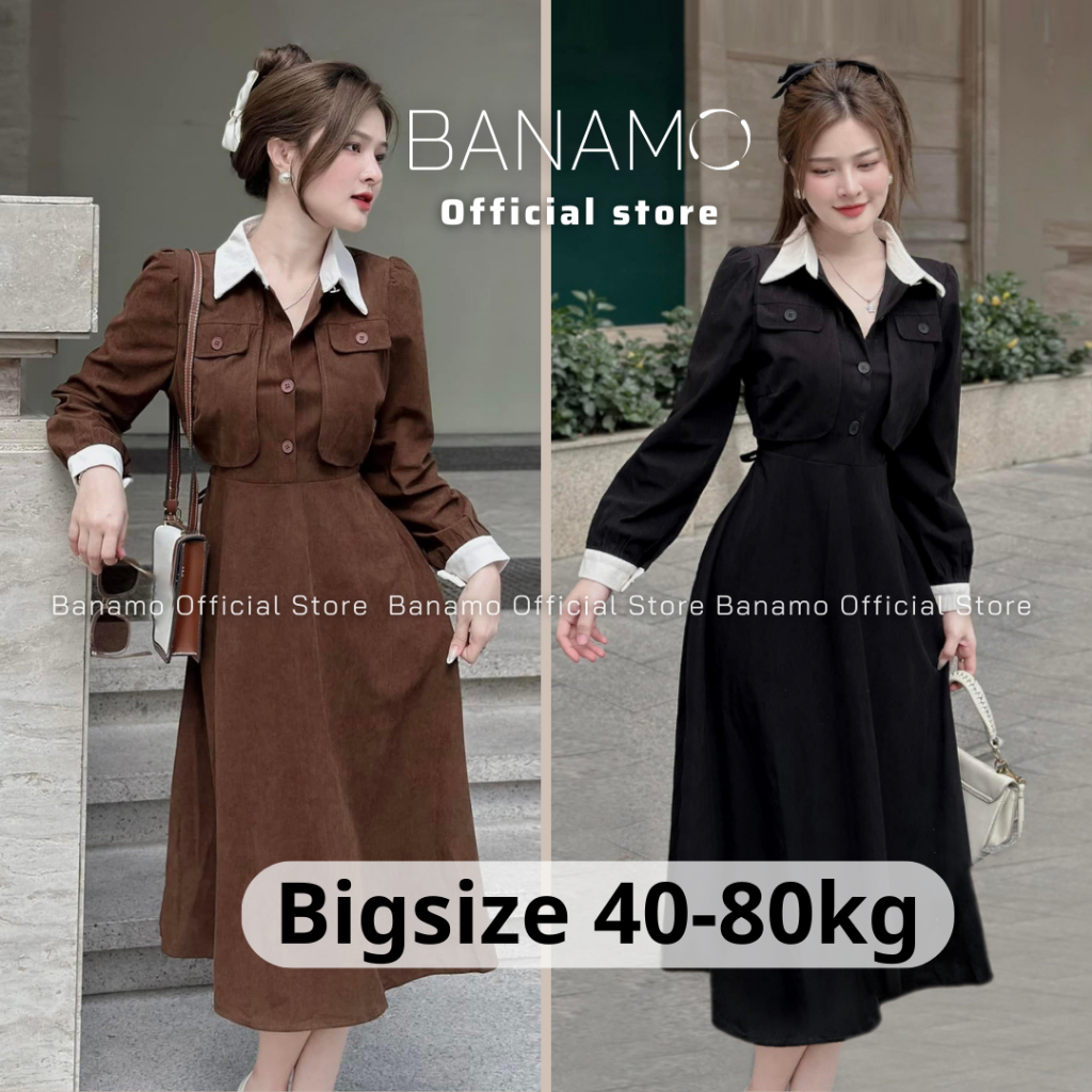 Đầm nữ BIGSIZE Banamo Fashion váy nhung tăm dáng dài cổ sơ mi rút dây eo 5514