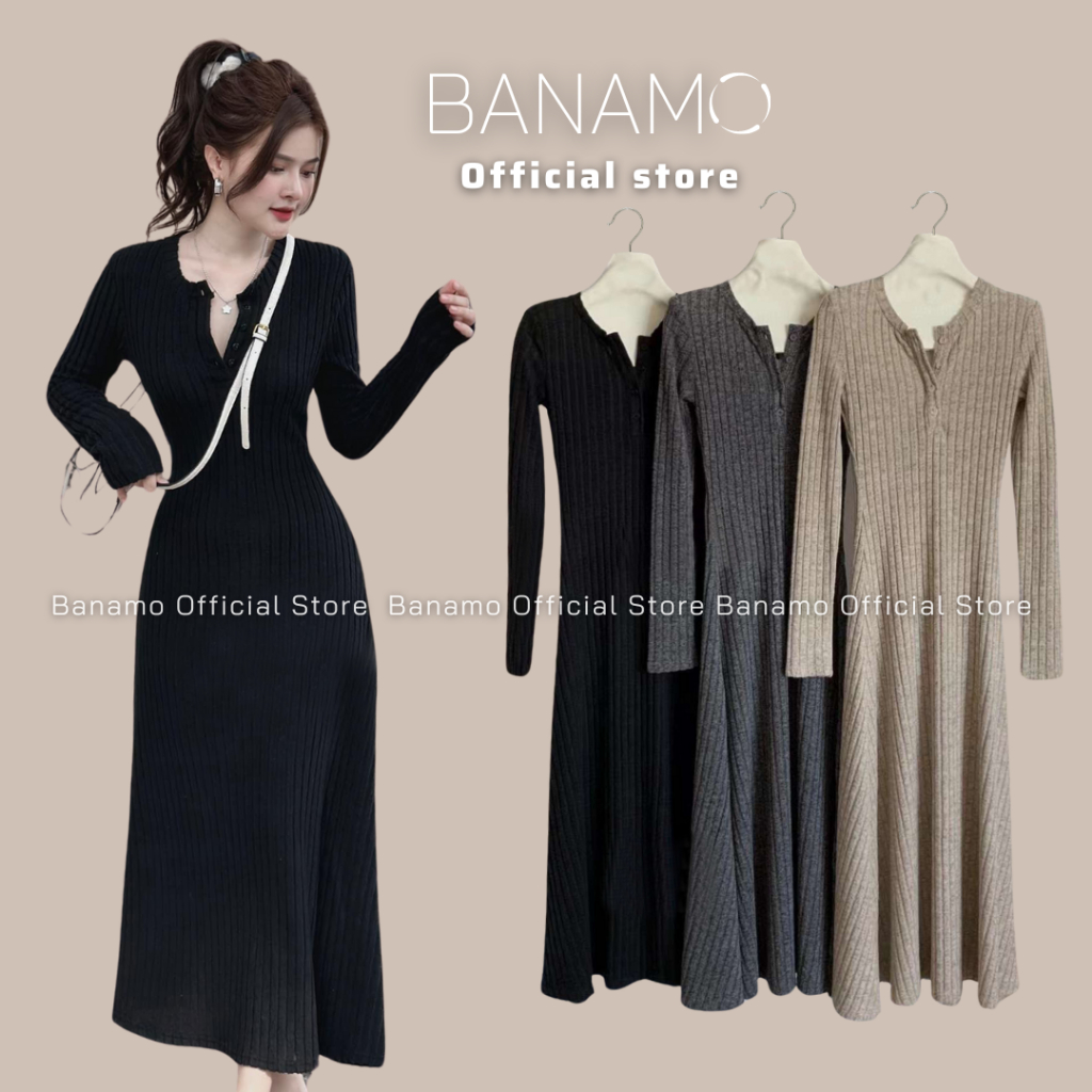 Đầm len Banamo Fashion váy len tăm trơn sợi to khuy ngực dáng xòe dài 546