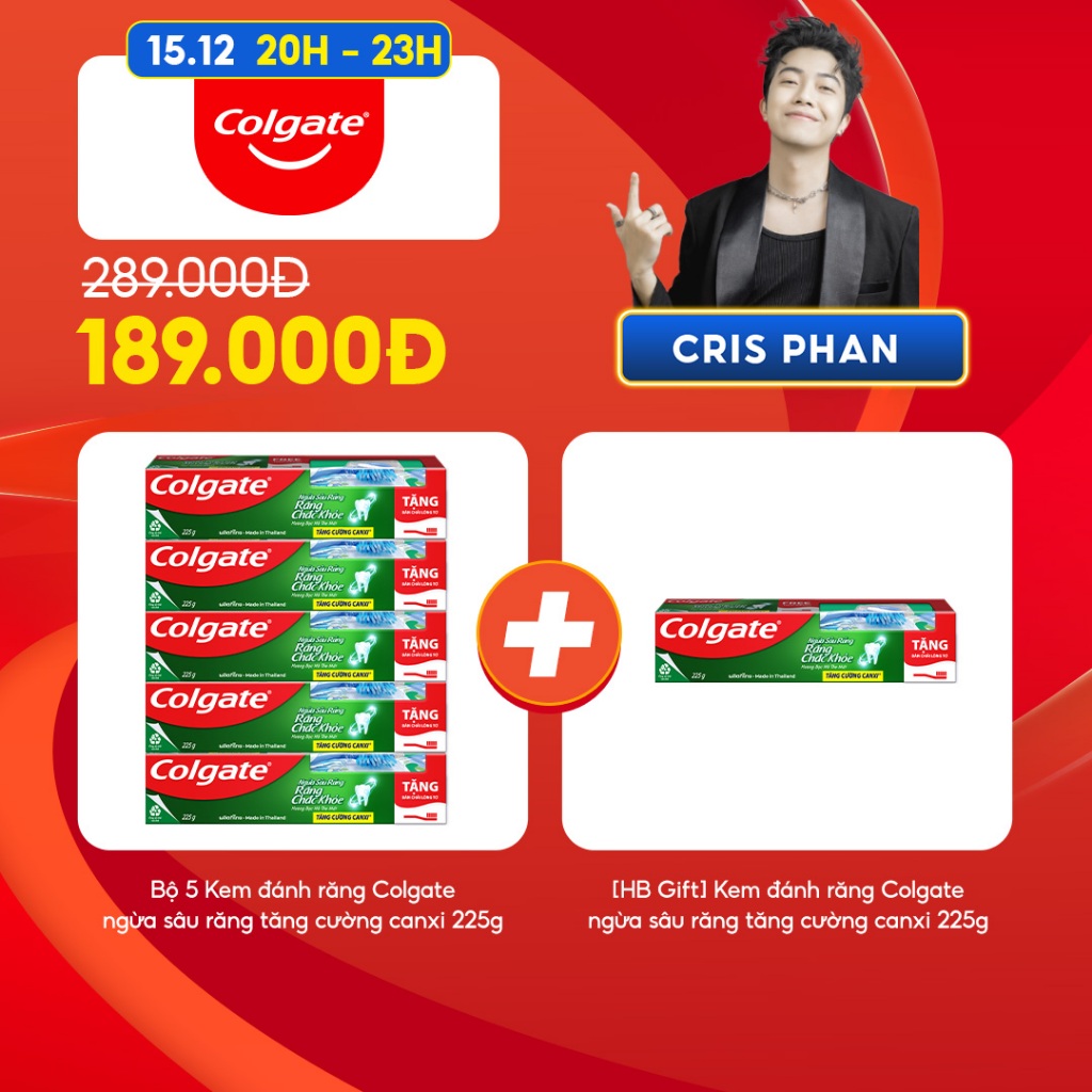 [Cris Phan x Colgate] Bộ 5 Kem đánh răng Colgate ngừa sâu răng răng chắc khỏe 225g/tuýp tặng bàn chải