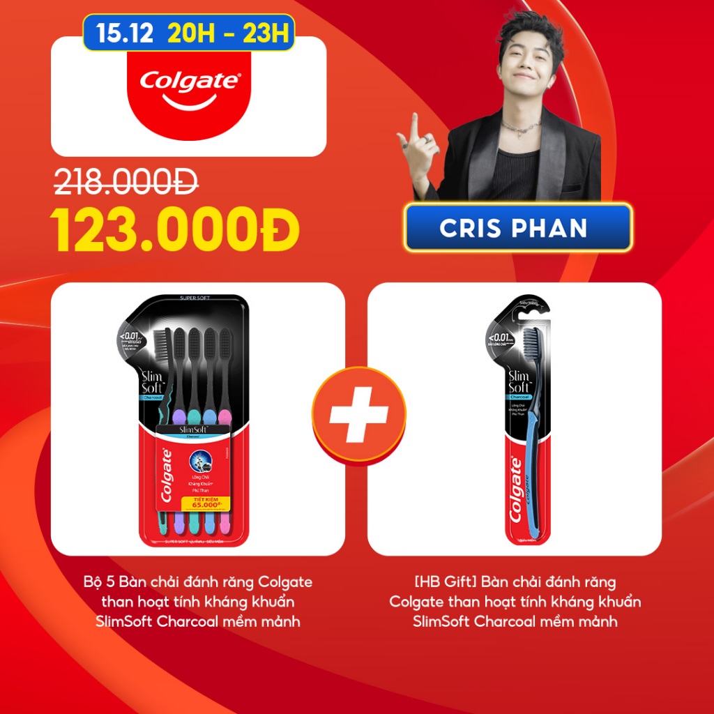 [Cris Phan x Colgate] Bộ 5 Bàn chải đánh răng Colgate than hoạt tính kháng khuẩn SlimSoft Charcoal mềm mảnh