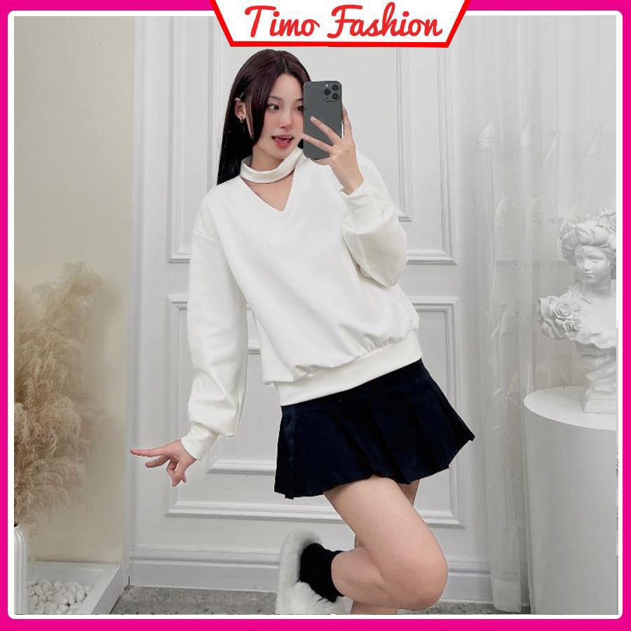 Áo sweater nữ tay dài phối cổ tym, áo thun tay dài cổ chữ V dáng rộng phong cách cá tính thời trang Hàn Quốc AOT554