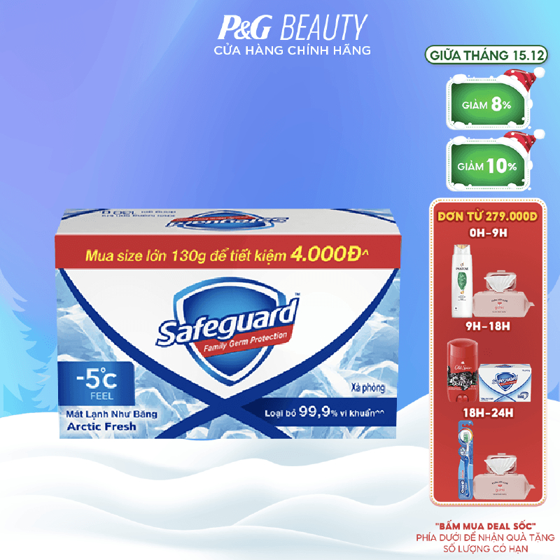 Xà Bông Cục SAFEGUARD Sạch 99,9% Vi Khuẩn & Mát Lạnh Như Băng 130g/115g Arctic Fresh