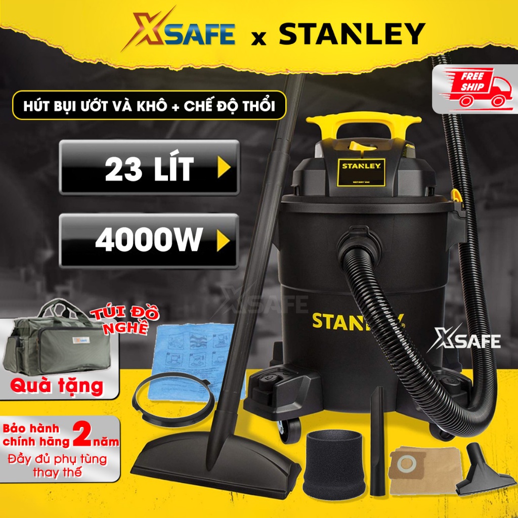 Máy hút bụi công nghiệp STANLEY SL19417P-6A, dung tích 23l, công suất tối đa 4000w (5.5hp), 4 bánh xe xoay chuyển động