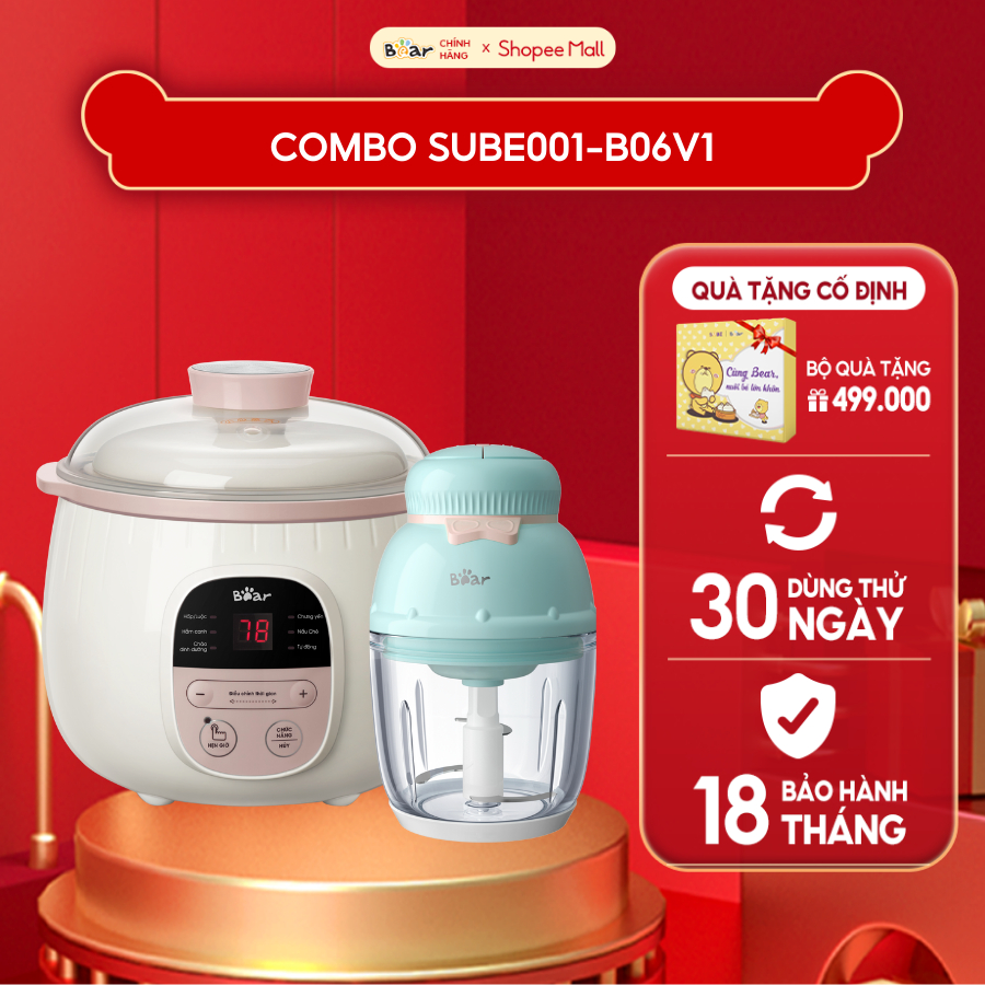 Combo Nồi Nấu Chậm 0,8L Bear SUBE001 Bản Tiếng Việt và Máy Xay Ăn Dặm Cho Bé B06V1 Tiện Lợi 6 Lưỡi Dao Sắc Bén