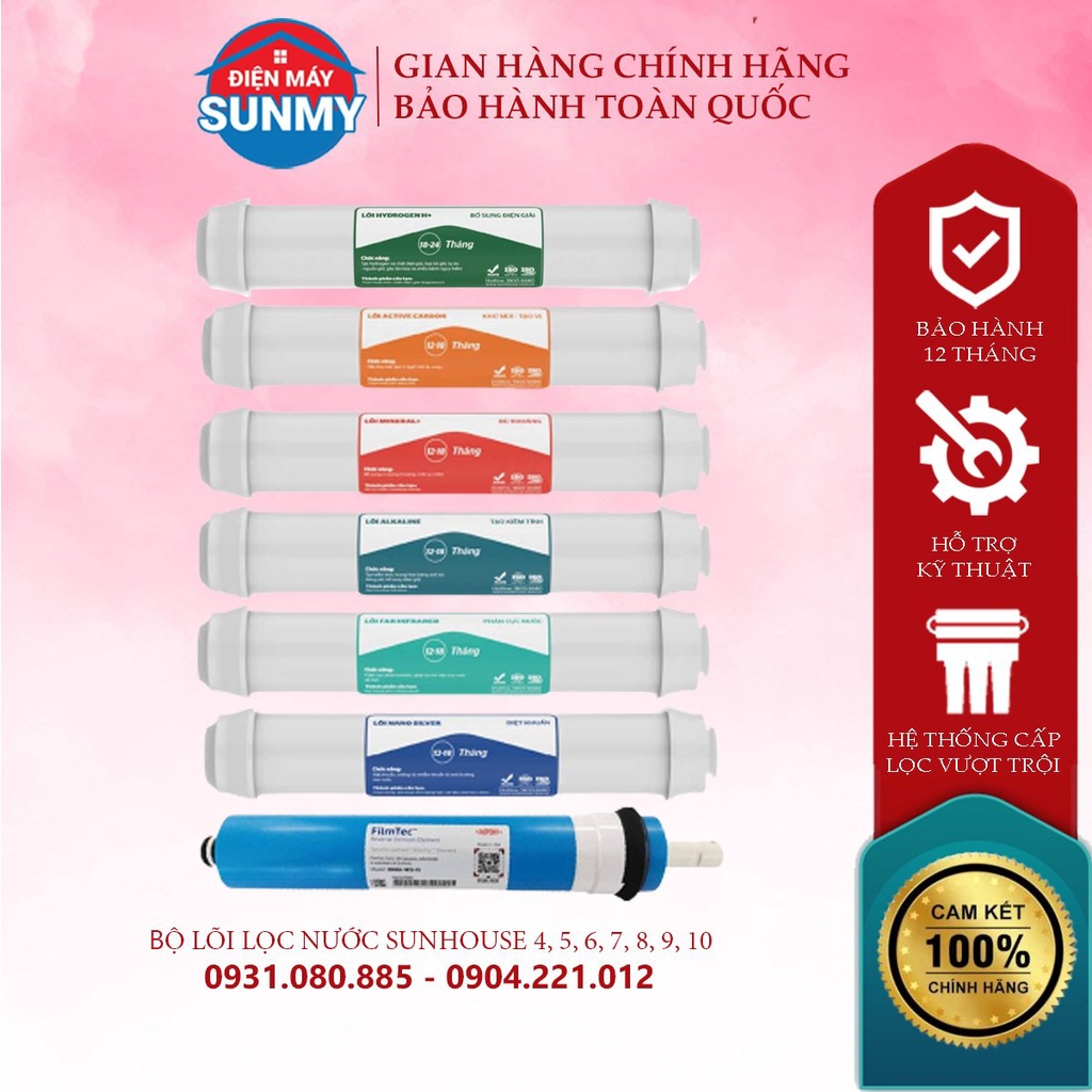 Bộ Lõi Lọc Nước Sunhouse 4,5,6,7,8,9,10 - Combo Lõi R.O và Lõi Khoáng Sunhouse