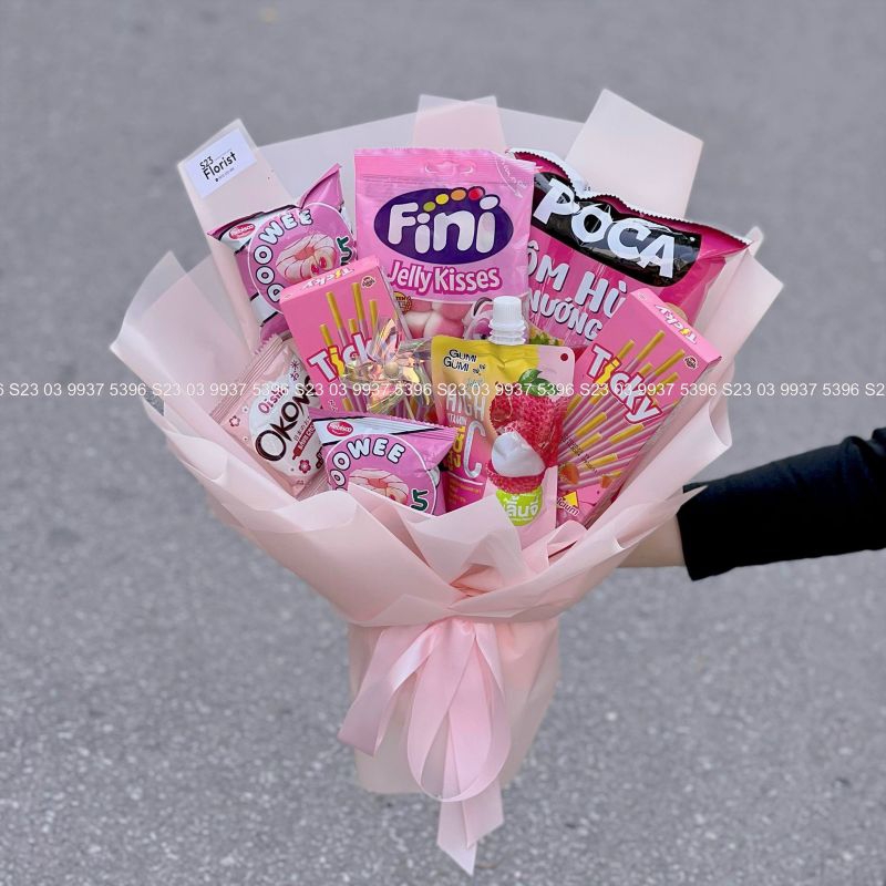 Bó hoa kẹo, Bó kẹo ăn vặt kèm thiệp và túi đựng