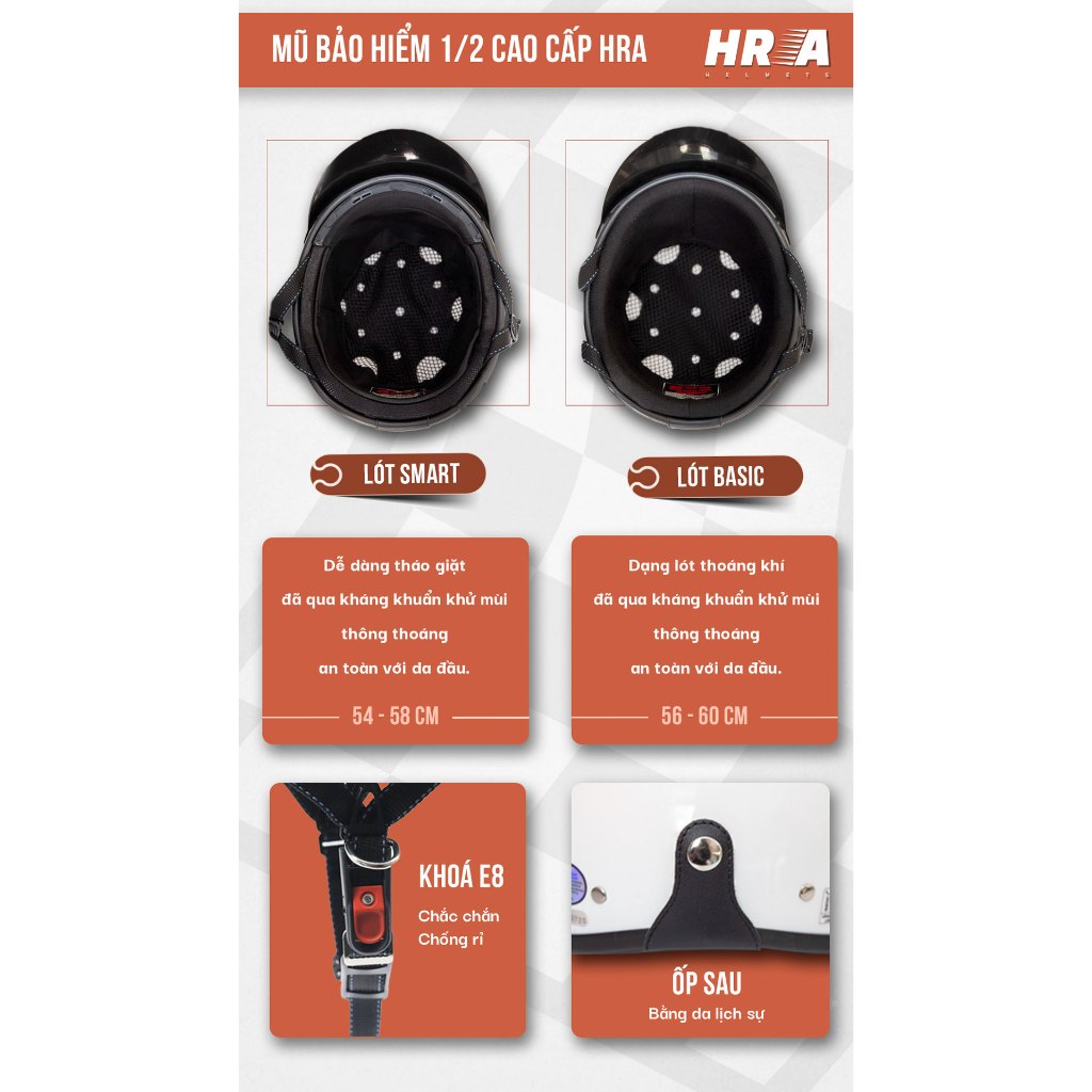Mũ Bảo Hiểm Nửa Đầu Kính Phi Công HRA – Đen Bóng (Cao Cấp)