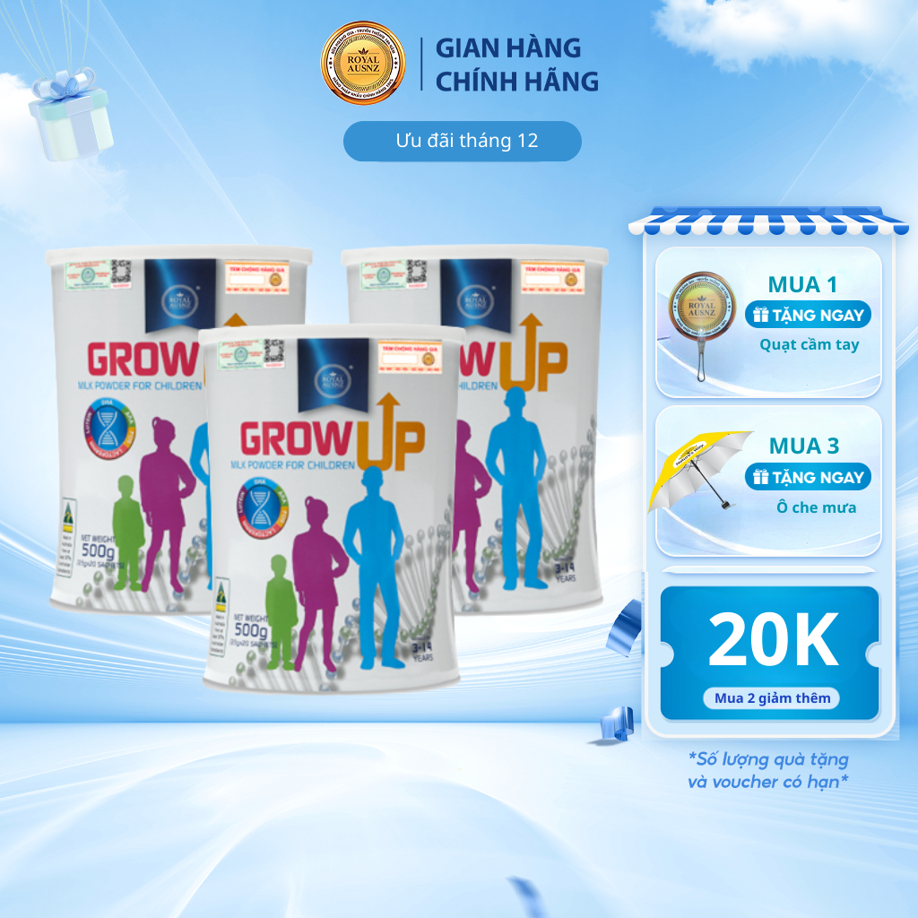 Combo 3 Hộp Sữa Bột Grow Up Milk Powder ROYAL AUSNZ Hỗ Trợ Phát Triển Chiều Cao Cho Trẻ Từ 3-14 500g/hộp