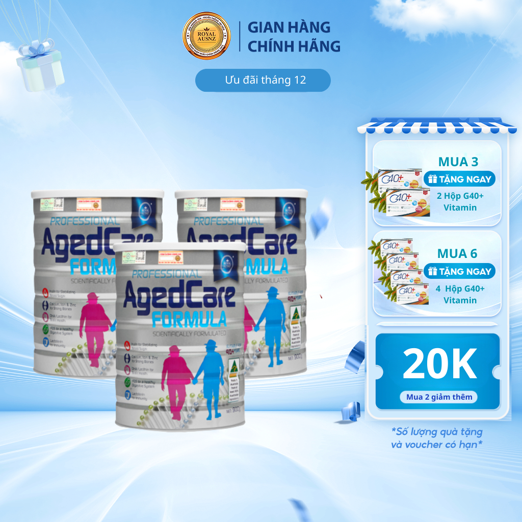 Combo 3 Hộp Sữa Bột ROYAL AUSNZ Aged Care Formula Cung Cấp Dinh Dưỡng Duy Trì Sức Khỏe Cho Người Trên 40 Tuổi 900g/hộp