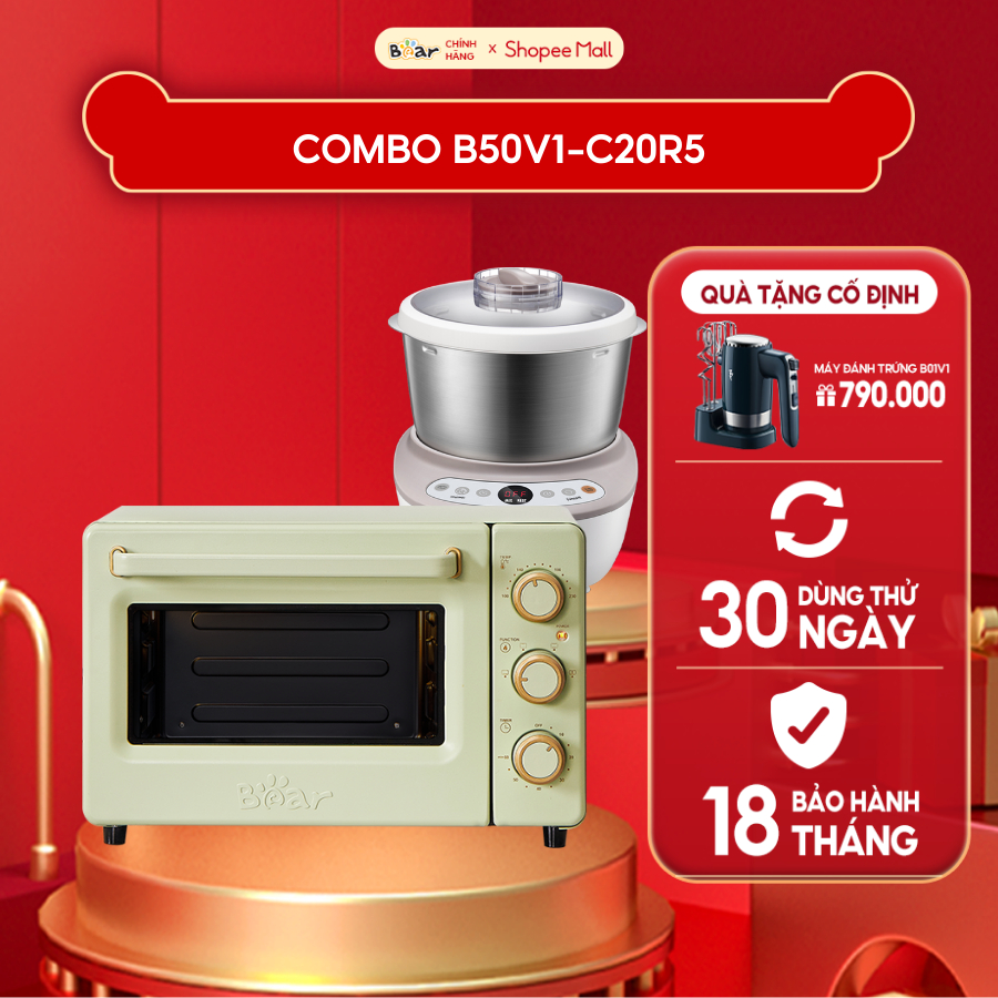 Combo Máy Trộn Tự Động 5L Bear B50V1 và Lò nướng 18L Bear C20R5 Đa Năng Tiết Kiệm Thời Gian Nướng Bánh Chín Đều