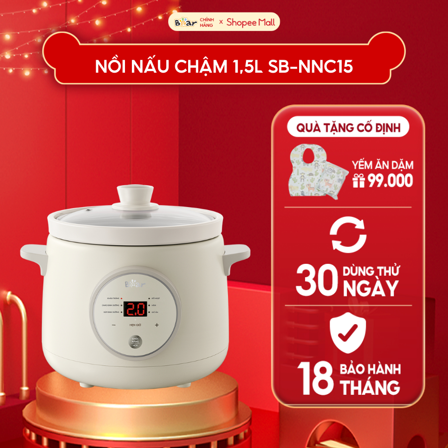 Nồi nấu chậm BEAR 1,5L Đa Năng Nấu Cháo Hầm Giữ Ấm Giữ Trọn Chất Dinh Dưỡng Bản Tiếng Việt -SB-NNC15- Bảo Hành 18 Tháng