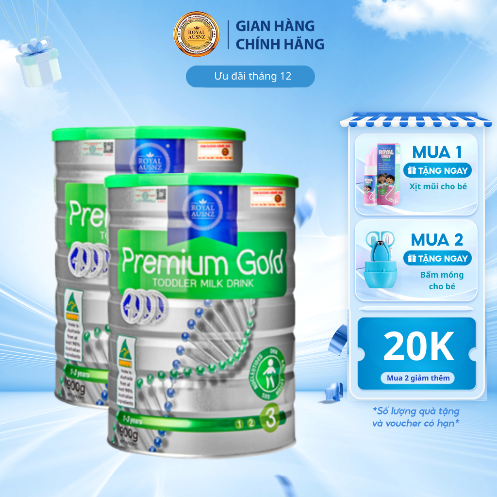 Combo 2 Hộp Sữa Bột Hoàng Gia Úc Premium Gold Số 3 Bổ Sung Vitamin, Khoáng Chất Cho Trẻ ROYAL AUSNZ 900g
