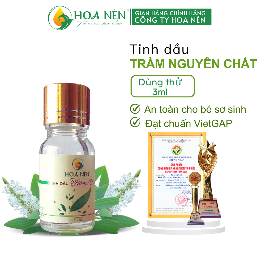 Tinh dầu Tràm Huế nguyên chất dùng thử 3ml - Hoa Nén - Chuẩn VietGAP - Chăm sóc mẹ và bé - Vegan