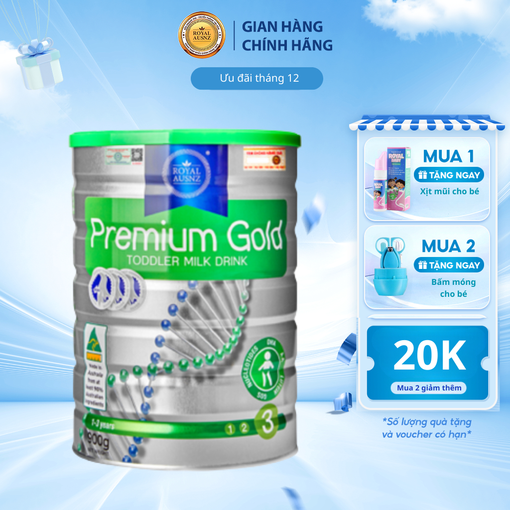 Sữa Bột Hoàng Gia Úc ROYAL AUSNZ Premium Gold Số 3 Bổ Sung Vitamin, Khoáng Chất Cho Trẻ Phát Triển 900g