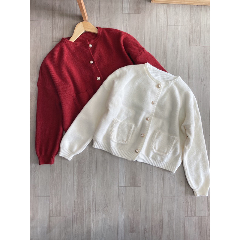 Áo len đỏ cardigan cúc ngọc Giáng sinh siêu hot