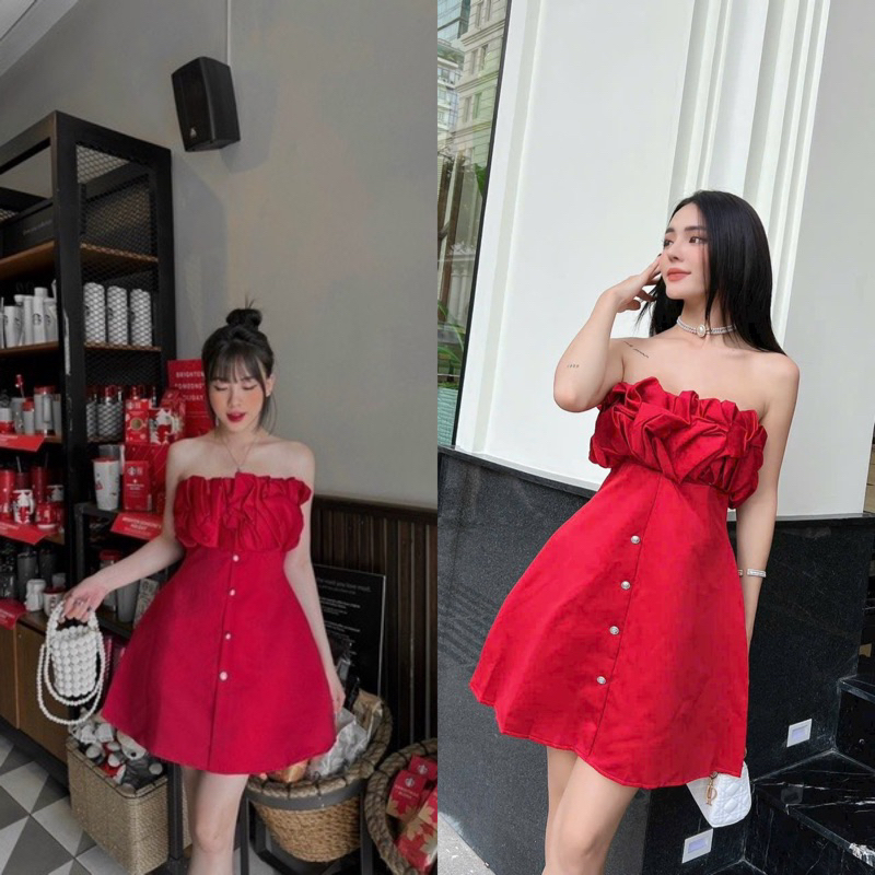 Đầm váy đỏ xoè quây ống phối bèo thời trang nữ hot girl thiết kế nổi bật sang trọng đi tiệc bar pub club sự kiện event