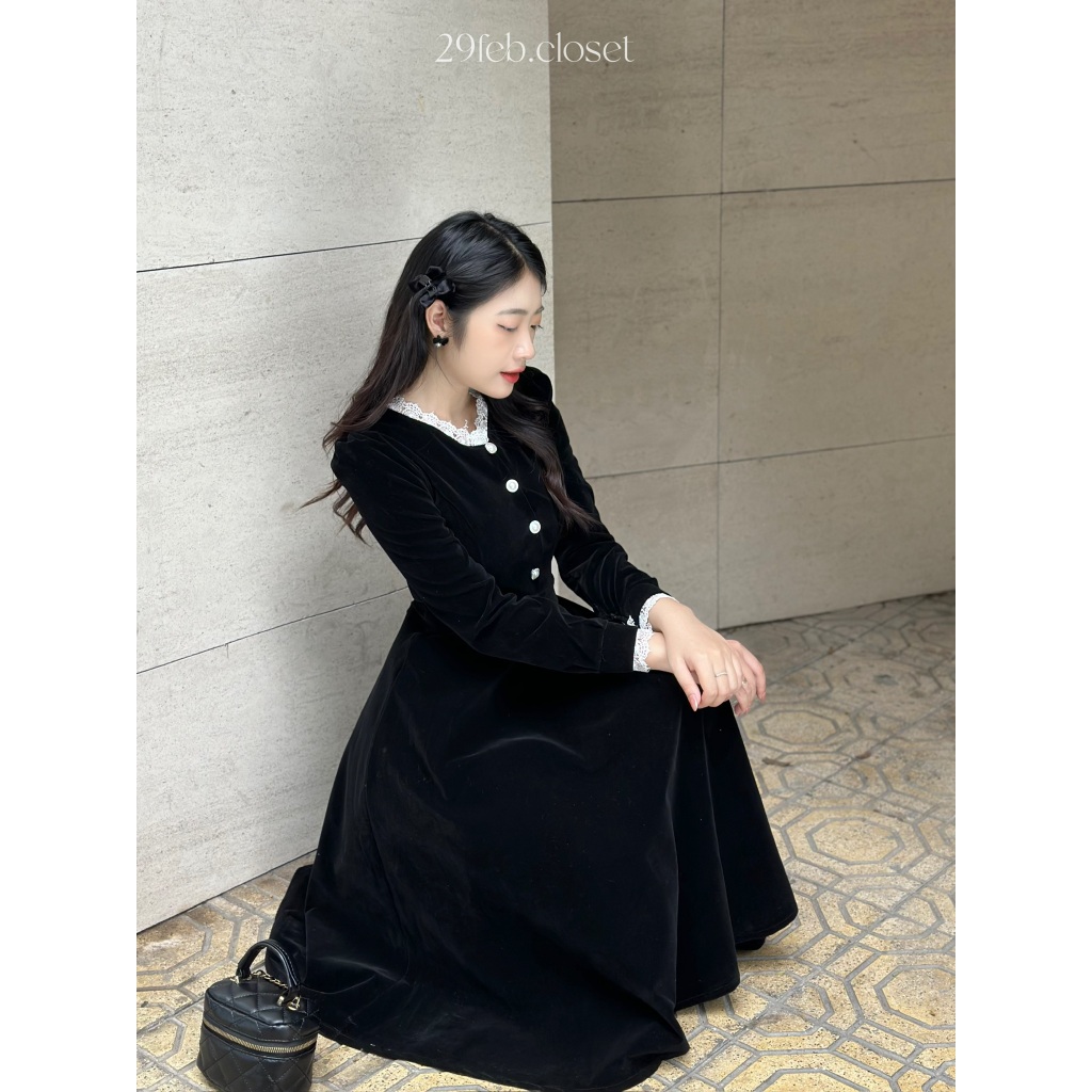 Váy Nhung Phối Ren LINH LAN 29feb.closet Cúc Ngọc Vai Bồng Dáng Xòe Dài Nhẹ Nhàng Tiểu Thư Mùa Thu Đông - V174