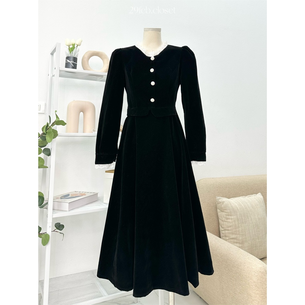 Váy Nhung Phối Ren LINH LAN 29feb.closet Cúc Ngọc Vai Bồng Dáng Xòe Dài Nhẹ Nhàng Tiểu Thư Mùa Thu Đông - V174