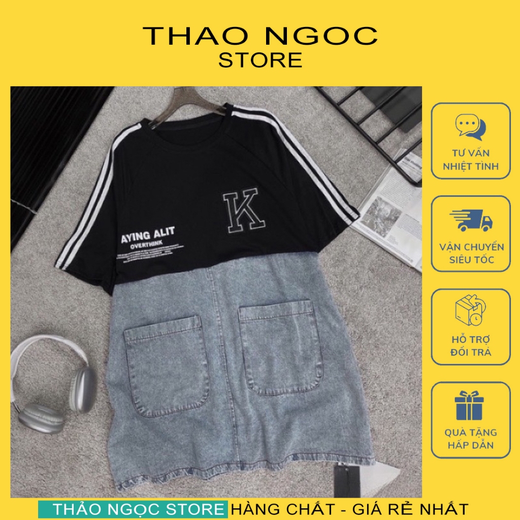Đầm thun chữ phối jean tay viền sọc hàng form rộng! (có sẵn, hình thật) THẢO NGỌC STORE