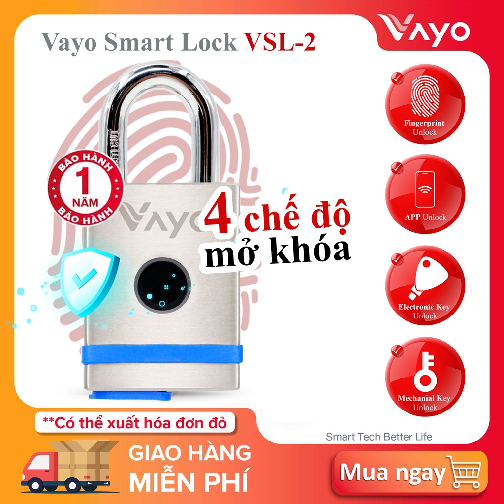 Ổ khóa bấm vân tay chống trộm thông minh Vayo Smart Lock thép SUS 304 siêu bền chắc điều khiển qua ứng dụng