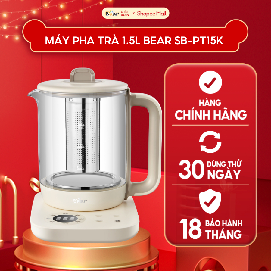 Bình Pha Trà BEAR 1,5L Ấm Thủy Tinh Đun Nước Giữ Nhiệt Hẹn Giờ Có Lưới Lọc Bảo Hành 18 Tháng - SB-PT15K 1000W