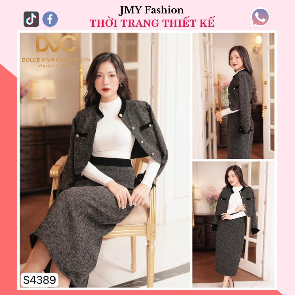 set áo váy dạ xám đen dài tay sang chảnh