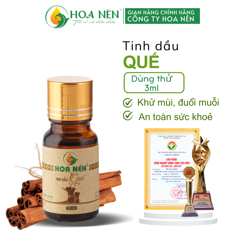 Tinh dầu Quế nguyên chất dùng thử 3ml - Hoa Nén - Vegan - Xông ph.òng, làm thơm, đuổi c.ôn tr.ùng