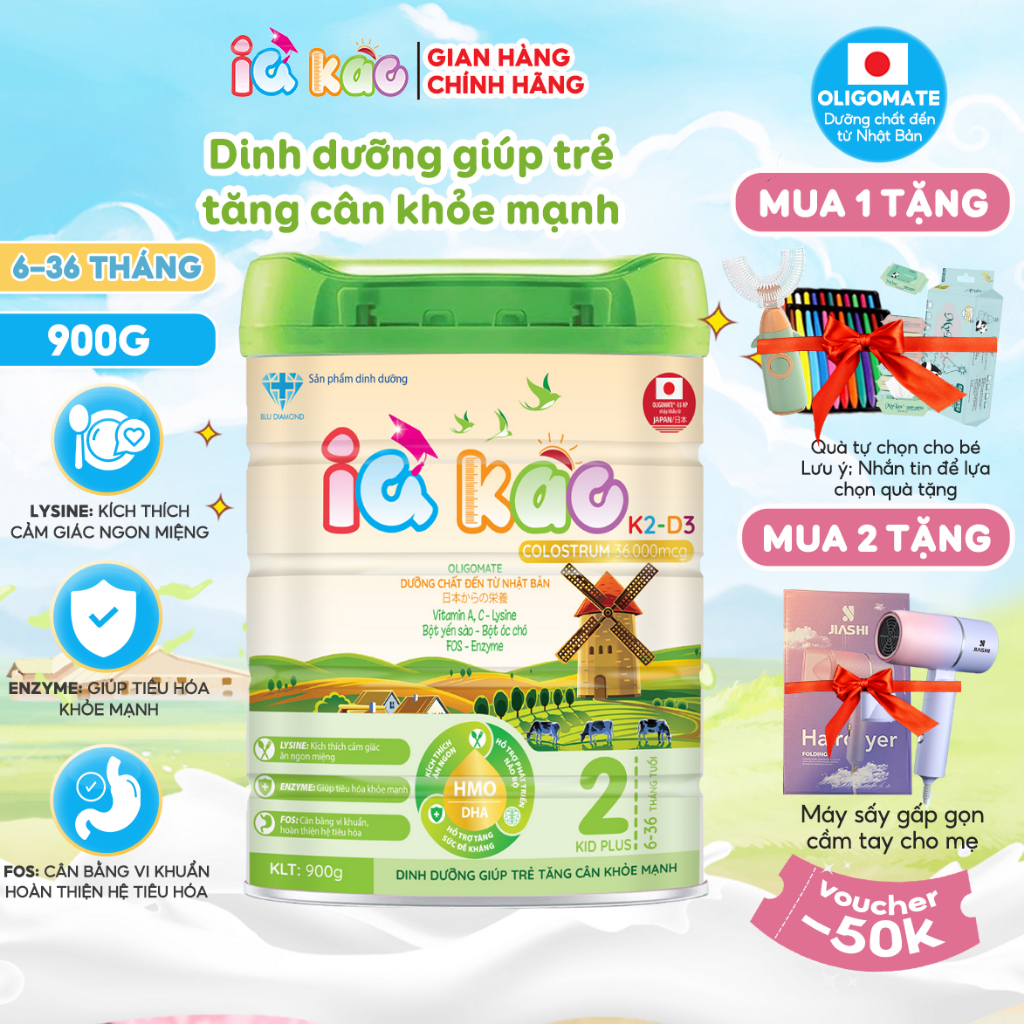 Sữa bột IQ KAO KID PLUS giúp trẻ ăn ngon tiêu hóa tốt tăng cân khỏe mạnh tăng sức đề kháng hộp 900g