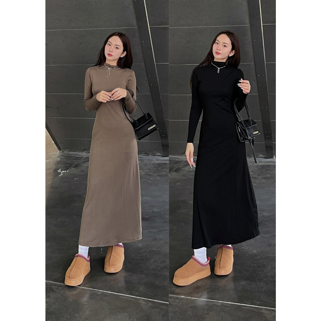Váy thun trơn cổ cao 3 phân dáng dài thun co dãn basic Sevensen Vaymaxi265_P0K38