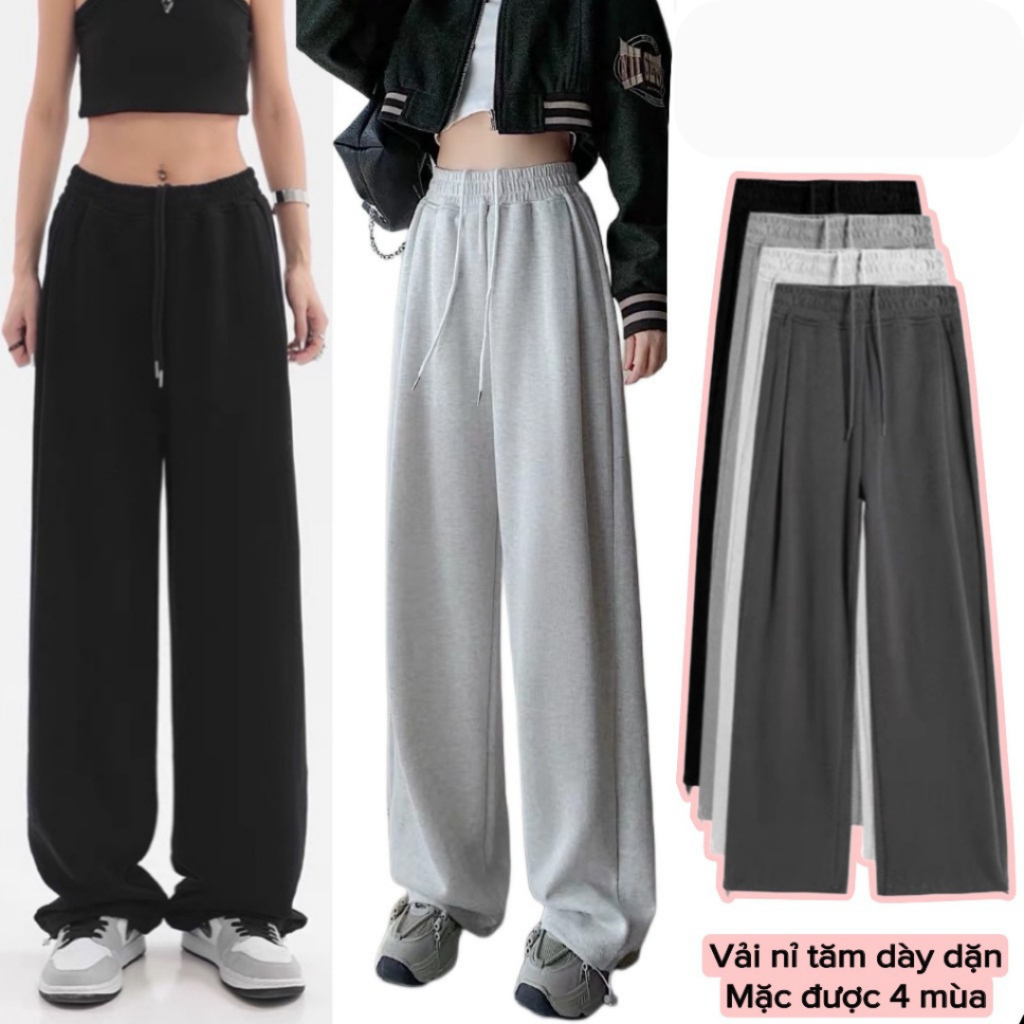 Quần ống rộng nữ Unisex lưng thun bo gấu chất vải nỉ hàn dày dặn mặc 4 mùa omiost