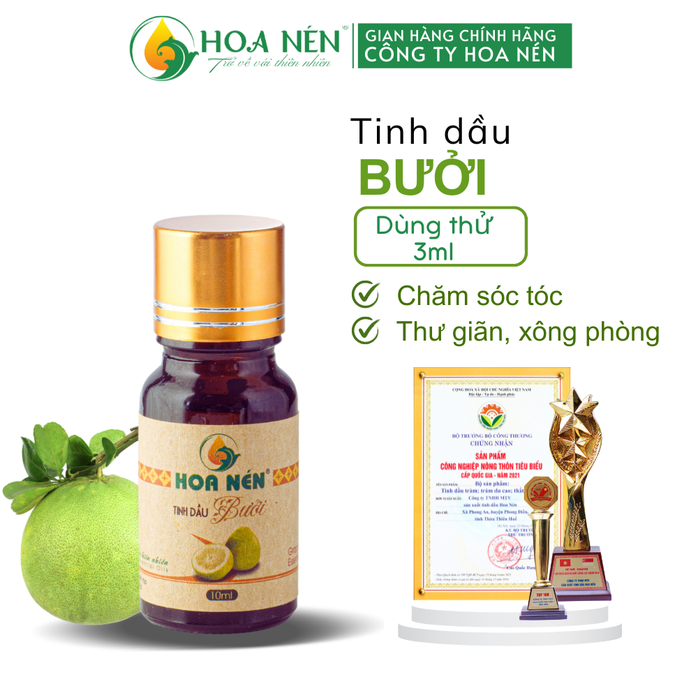 Tinh dầu Bưởi nguyên chất dùng thử 3ml - Hoa Nén - Vegan- K.ích th.ích mọc tóc, làm đẹp da, khử mùi, xông ph.òng