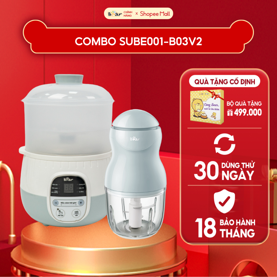 Combo Nồi Nấu Chậm 0,8L Bear SUBE001 Tiếng Việt và Máy Xay Ăn Dặm 0,3L Bear B03V2 nấu cháo, chưng yến, ăn dặm tiện dụng