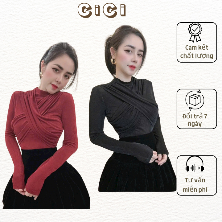 Áo thun nhúng kim cương dài tay thiết kế cổ 3 phân chéo ngực phong cách trẻ trung,sang chảnh