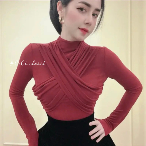 Áo thun nhúng kim cương dài tay thiết kế cổ 3 phân chéo ngực phong cách trẻ trung,sang chảnh