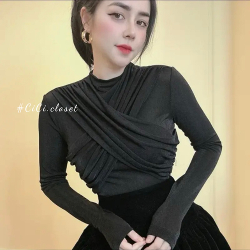 Áo thun nhúng kim cương dài tay thiết kế cổ 3 phân chéo ngực phong cách trẻ trung,sang chảnh