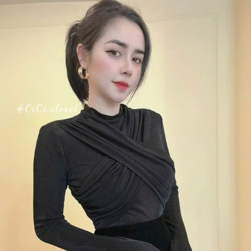 Áo thun nhúng kim cương dài tay thiết kế cổ 3 phân chéo ngực phong cách trẻ trung,sang chảnh