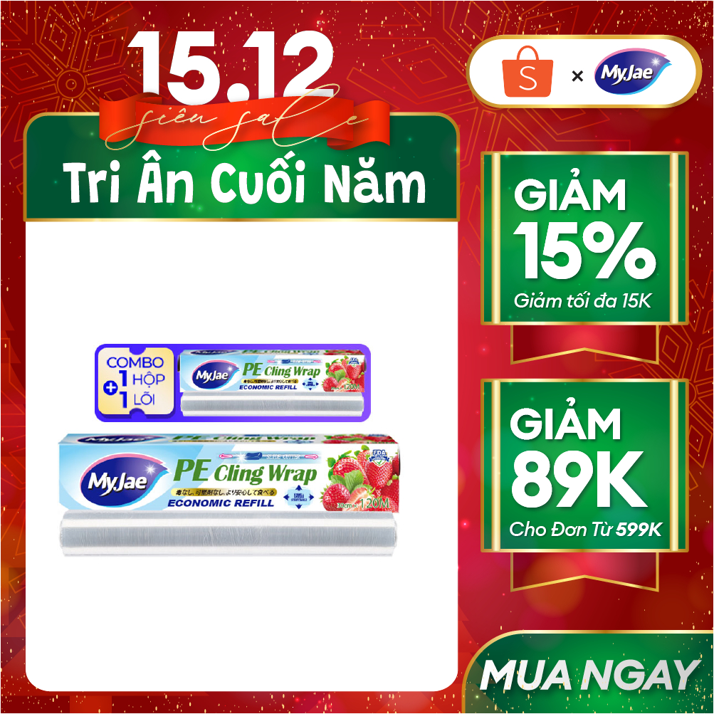 Combo 1 màng bọc thực phẩm PE + 1 lõi màng bọc  MyJae Đài Loan 30cm x 120m dạng dao cắt trượt bảo quản thực phẩm