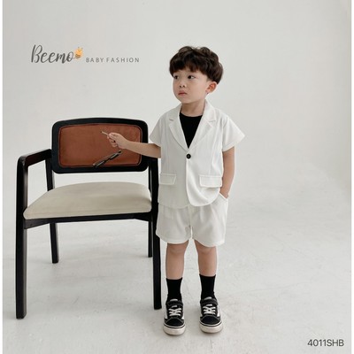 Set bộ vest cộc Beemo phối 2 nắp túi vải text chéo mềm cho bé trai mặc đi chơi, sự kiện cho bé từ 9-25kg 4011SHB