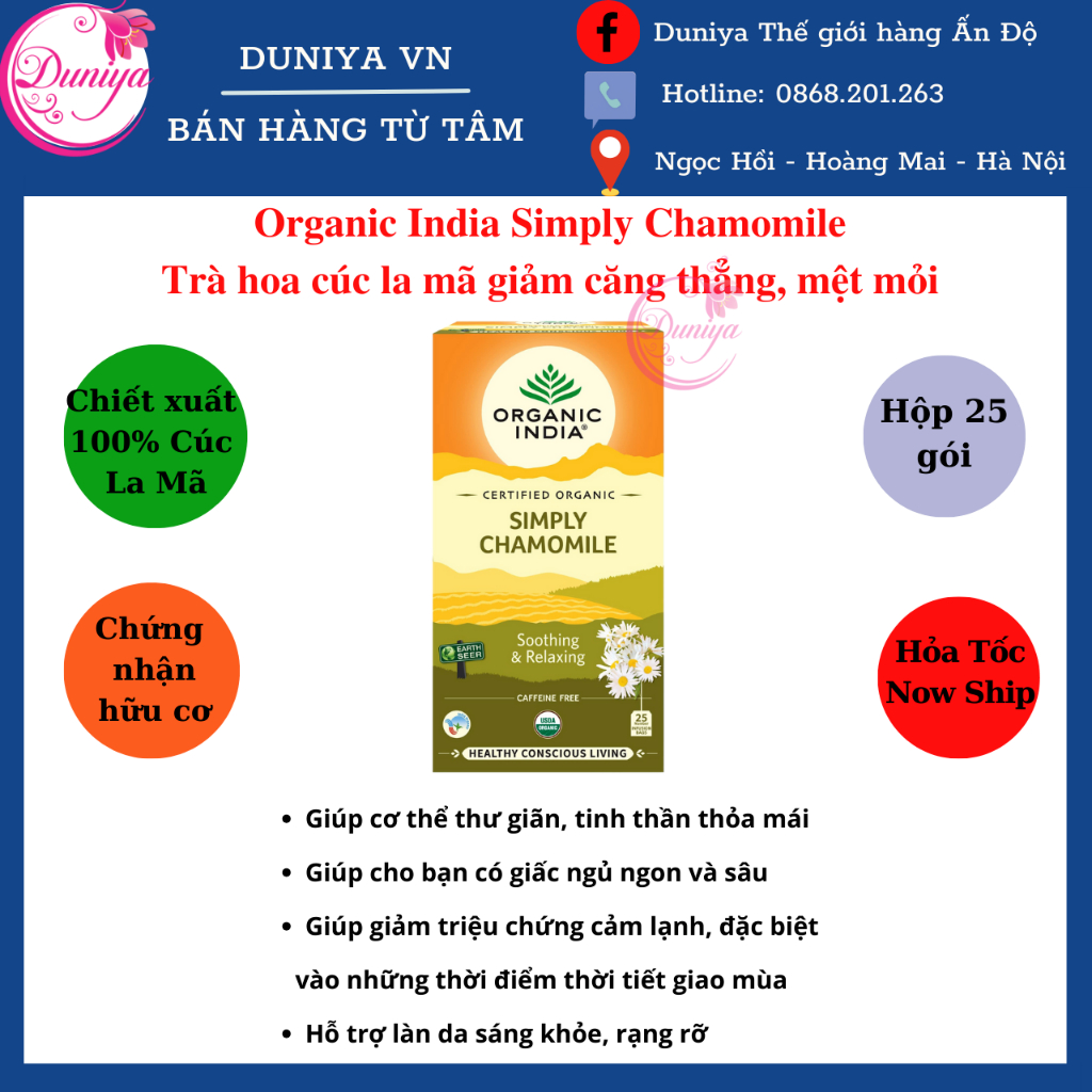 Trà hoa cúc la mã giảm căng thẳng, mệt mỏi Organic India Simply Chamomile