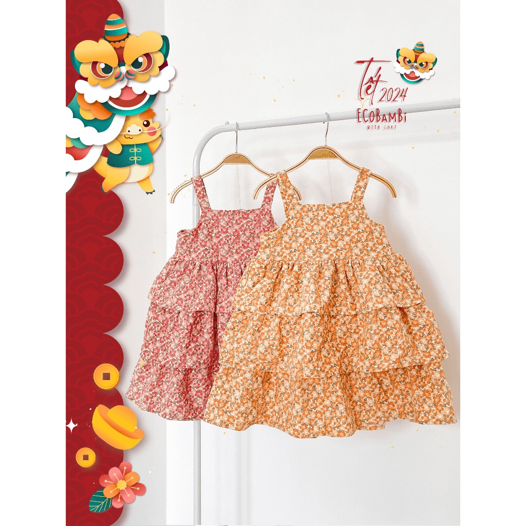 Đầm tầng công chúa 2 dây, thiết kế phong cách vintage cho tiểu công chúa, chất liệu vải nhung tăm Ecobambi